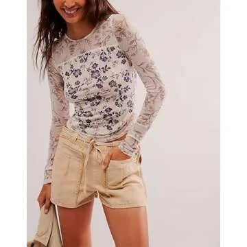 Women Y2K Floral Print Sheer Mesh Tops Long Sleeve Crew Neck Slim Fit Tops Vintage Flower Aesthetic Blouse