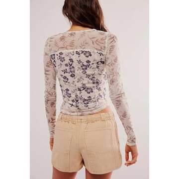 Women Y2K Floral Print Sheer Mesh Tops Long Sleeve Crew Neck Slim Fit Tops Vintage Flower Aesthetic Blouse