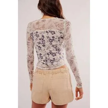 Women Y2K Floral Print Sheer Mesh Tops Long Sleeve Crew Neck Slim Fit Tops Vintage Flower Aesthetic Blouse