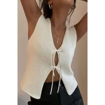 Ynocfri Women Crochet Vest Knit Tie Front V Neck Sleeveless Vests Top Y2k Vintage Going Out (A-White, L)