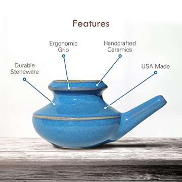 Baraka Handcrafted Ceramic Neti Pot - Sinus Tool Kit for Home - Nose & Nasal Cleaner - Dishwasher Safe - Durable Ceramic Neti Pot - Food Grade Ceramic Glazes - Lightweight - Made in USA - 10oz Blue