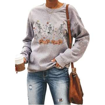 Yimoya Vintage Halloween Sweatshirt for Women Cute Skeleton Pumpkin Sweater Blouse