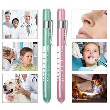 FITA Medical Pen Lights for Nurses Doctors, 2 Pack Reusable Penlight LED Tactical White Light with Pupil Gauge and Ruler, Replaceable Batteries (Pale Pink/Teal Green)