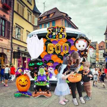 ERBIQ 71Pcs Trunk or Treat Car Decorations Kit, Trunk or Treat Decorations for SUV, Inflatable MetallicBalloons Witch Ghost Cat Pumpkin Halloween Trunk or Treat Car Decorations