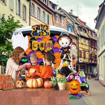 ERBIQ 71Pcs Trunk or Treat Car Decorations Kit, Trunk or Treat Decorations for SUV, Inflatable MetallicBalloons Witch Ghost Cat Pumpkin Halloween Trunk or Treat Car Decorations