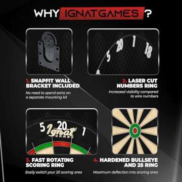 IgnatGames Dart Board Professional- Competition Size Kenyan Sisal Dart Board for Adults - Staple-Free Ultra-Thin Wire Spider Dartboard + Accessories & SnapFit Dartboard Mounting Bracket