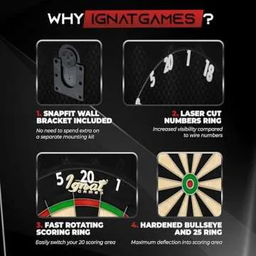 IgnatGames Dart Board Professional- Competition Size Kenyan Sisal Dart Board for Adults - Staple-Free Ultra-Thin Wire Spider Dartboard + Accessories & SnapFit Dartboard Mounting Bracket