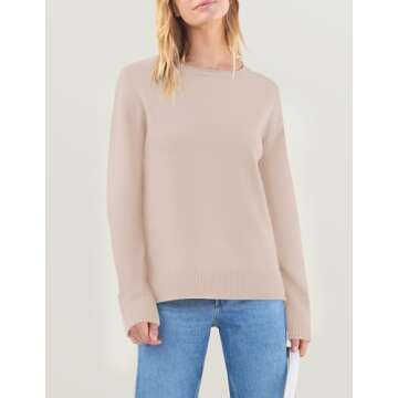 ZESICA Women's Fall Long Sleeve Crew Neck Soft Knit Side Slit Comfy Loose Pullover Sweater Jumper Tops,Sand,Medium