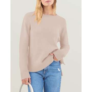 ZESICA Women's Fall Long Sleeve Crew Neck Soft Knit Side Slit Comfy Loose Pullover Sweater Jumper Tops,Sand,Medium