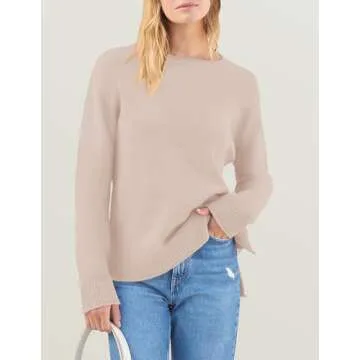 ZESICA Women's Fall Long Sleeve Crew Neck Soft Knit Side Slit Comfy Loose Pullover Sweater Jumper Tops,Sand,Medium