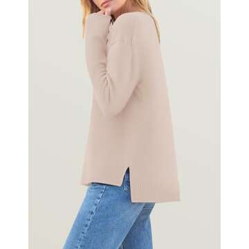 ZESICA Women's Fall Long Sleeve Crew Neck Soft Knit Side Slit Comfy Loose Pullover Sweater Jumper Tops,Sand,Medium