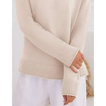 ZESICA Women's Fall Long Sleeve Crew Neck Soft Knit Side Slit Comfy Loose Pullover Sweater Jumper Tops,Sand,Medium