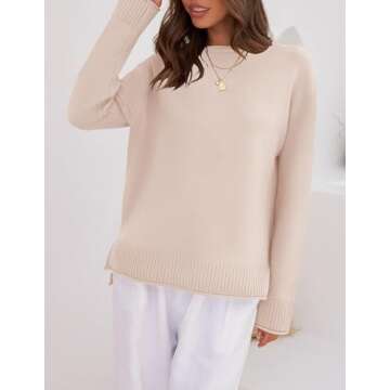 ZESICA Women's Fall Long Sleeve Crew Neck Soft Knit Side Slit Comfy Loose Pullover Sweater Jumper Tops,Sand,Medium