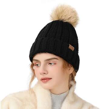 Pleneal Womens Winter Knit Beanie Hat with Faux Fur, Warm Skull Cap Beanies for Women Dark Black