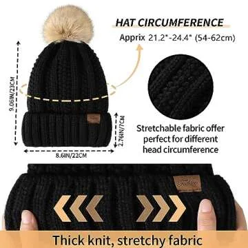 Pleneal Womens Winter Knit Beanie Hat with Faux Fur, Warm Skull Cap Beanies for Women Dark Black