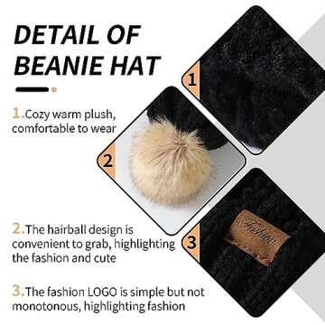 Pleneal Womens Winter Knit Beanie Hat with Faux Fur, Warm Skull Cap Beanies for Women Dark Black