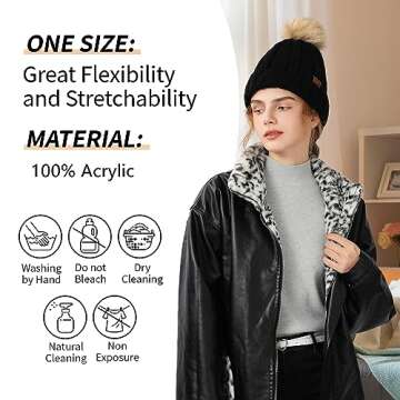 Pleneal Womens Winter Knit Beanie Hat with Faux Fur, Warm Skull Cap Beanies for Women Dark Black