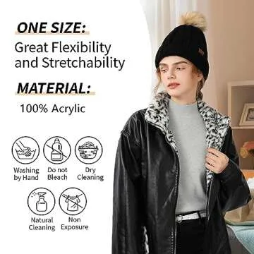 Pleneal Womens Winter Knit Beanie Hat with Faux Fur, Warm Skull Cap Beanies for Women Dark Black