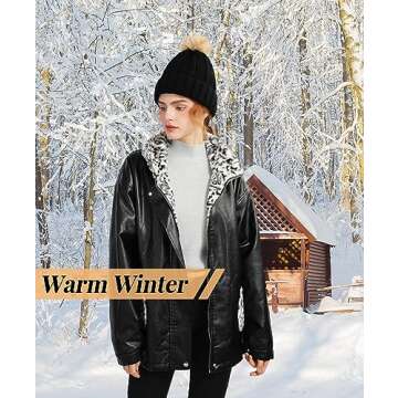 Pleneal Womens Winter Knit Beanie Hat with Faux Fur, Warm Skull Cap Beanies for Women Dark Black