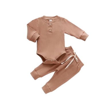 Newborn Cotton Ribbed Romper & Pants Set in Khaki