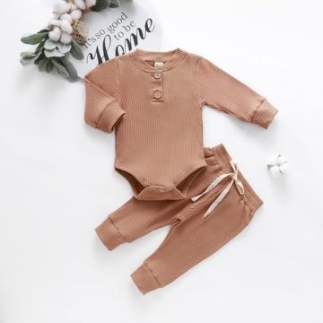 Newborn Cotton Ribbed Romper & Pants Set in Khaki