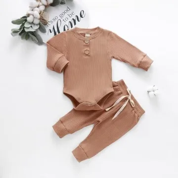 Newborn Cotton Ribbed Romper & Pants Set in Khaki