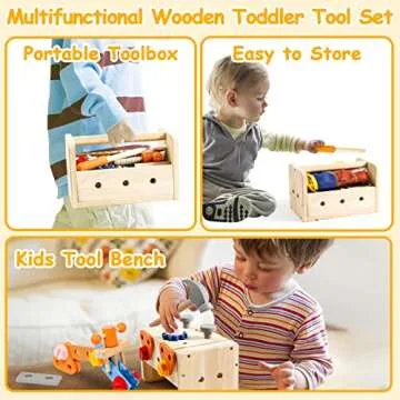 hifunti Wooden Kids Tool Set, Toddler Tool Bench with Apron 2 Year Old Toys Gift STEM Montessori Toys for 2 3 4 Year Olds Pretend Play Toddler Tool Set Educational Construction Toy for Toddler(39PCS)