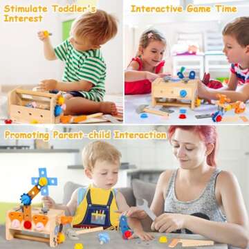 hifunti Wooden Kids Tool Set, Toddler Tool Bench with Apron 2 Year Old Toys Gift STEM Montessori Toys for 2 3 4 Year Olds Pretend Play Toddler Tool Set Educational Construction Toy for Toddler(39PCS)
