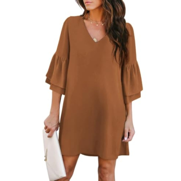 BELONGSCI Women's 2023 Summer Dress Sweet & Cute V-Neck Bell Sleeve Shift Dress Mini Dress, Perfect ...