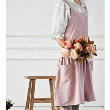 NEWGEM Cotton Linen Cross Back Apron for Women with Pockets for Baking Painting Pink with Waist Ties