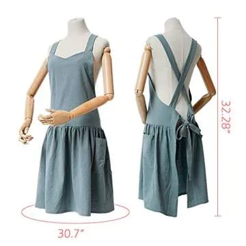 NEWGEM Cotton Linen Cross Back Apron with Pockets