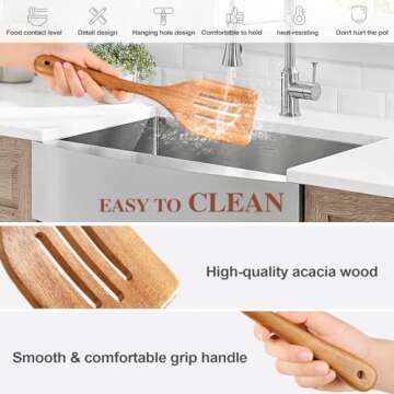 ROSOS Wooden Cooking Utensils, 6 Pieces Natural Acacia Wooden Spoons For Cooking with Non Stick & Heat Resistant Design, Wooden Kitchen Utensil Set with Hanging Hole for Stirring, Mixing, Cooking