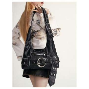 MakeMeChic Women's PU Leather Single Strap Zipper Vintage Medium Shoulder Bag Tote Handbags Black B One Size