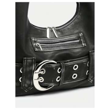 MakeMeChic Women's PU Leather Single Strap Zipper Vintage Medium Shoulder Bag Tote Handbags Black B One Size