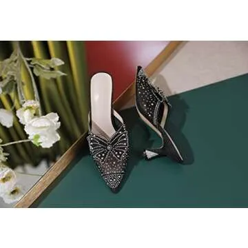 AUMOTED Slip On Rhinestone Kitten Heel Sandals