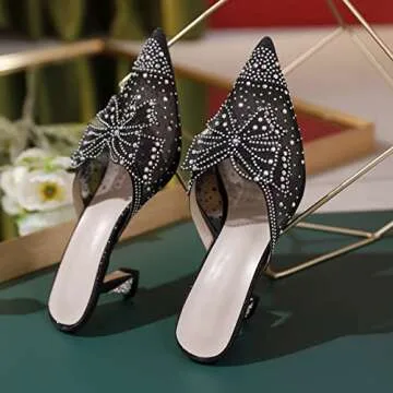 AUMOTED Slip On Rhinestone Kitten Heel Sandals