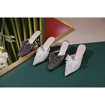 AUMOTED Slip On Rhinestone Kitten Heel Sandals