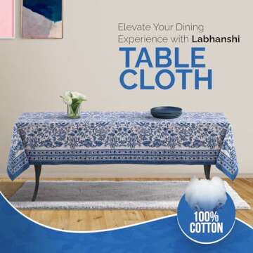 Labhanshi Indian Block Print Table Cloth|Jaipur Rectangle Floral Cotton Table Cover 60x90 Inch 6-Seater Spring Easter Kitchen Dining Tablecloth|Patio Table Cover for Event Wedding Banquet Parties|Blue