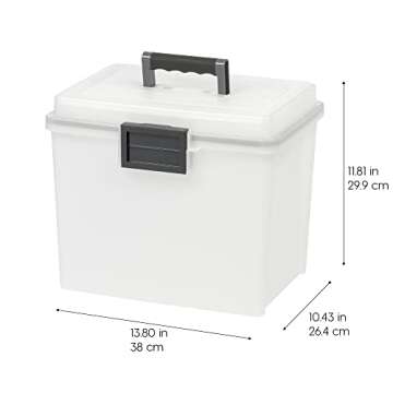 IRIS USA File Box WeatherPro Portable File Organizer Plastic File Box for Letter File w/ Organizer-Lid, Durable Lid and Seal w/ Secure Latching Buckles, Stackable and Nestable, Pearl 19 Qt. 1 Pack