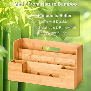 Marbrasse Bamboo Desk Organizer with Handle, Office Supplies Desk organizers and Accessories, All-in-One Desk File Organizer with Pencil Holder, 9 Compartments Storage Caddy