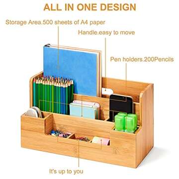 Marbrasse Bamboo Desk Organizer with Handle, Office Supplies Desk organizers and Accessories, All-in-One Desk File Organizer with Pencil Holder, 9 Compartments Storage Caddy