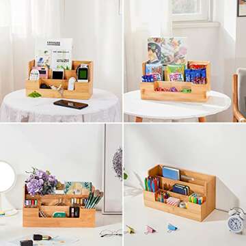 Marbrasse Bamboo Desk Organizer with Handle, Office Supplies Desk organizers and Accessories, All-in-One Desk File Organizer with Pencil Holder, 9 Compartments Storage Caddy