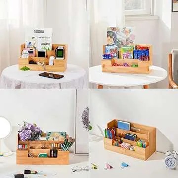 Marbrasse Bamboo Desk Organizer with Handle, Office Supplies Desk organizers and Accessories, All-in-One Desk File Organizer with Pencil Holder, 9 Compartments Storage Caddy