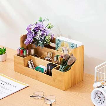 Marbrasse Bamboo Desk Organizer with Handle, Office Supplies Desk organizers and Accessories, All-in-One Desk File Organizer with Pencil Holder, 9 Compartments Storage Caddy