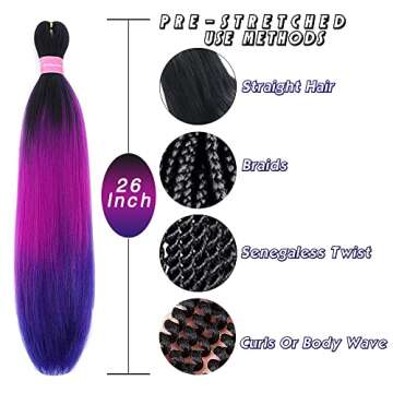 YOLANFAIRY Pre Stretched Braiding Hair Extension 26 Inch 6 Packs High Temperature Synthetic Fiber Ombre Crochet Twist Hair Extensions for Braids (Black/Purple/Blue)