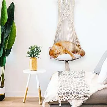 Macrame Cat Bed Hammock With Cat Bed Pillow- Cat Perch- Hanging Shelves Bed-Boho Indoor Climbing Shelf, Boho Floating Tree Hammocks, Space Saving Furniture Perches and Shelves for Wall (Natural Straw)