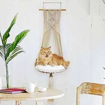 Macrame Cat Bed Hammock With Cat Bed Pillow- Cat Perch- Hanging Shelves Bed-Boho Indoor Climbing Shelf, Boho Floating Tree Hammocks, Space Saving Furniture Perches and Shelves for Wall (Natural Straw)