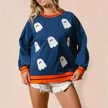 Yiulangde Womens Halloween Ghost Sweatshirt Spooky Season Funny Graphic Sweaters Crewneck Sweatshirt Halloween Party Clothes Blue
