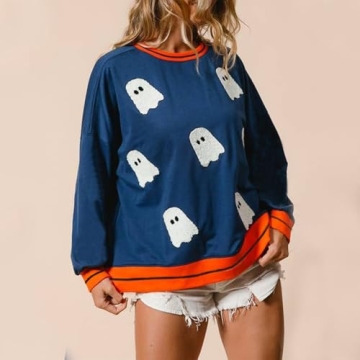 Yiulangde Womens Halloween Ghost Sweatshirt Spooky Season Funny Graphic Sweaters Crewneck Sweatshirt Halloween Party Clothes Blue