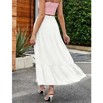 HAEOF Women's 2025 Boho A Line Flowy Summer Maxi Skirt Trendy Slit Elastic High Waist Beach Long Skirts with Pockets(White, M)
